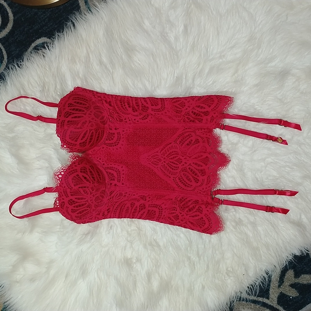Victoria's Secret red lace push up zip back garter corset lingerie top 32C